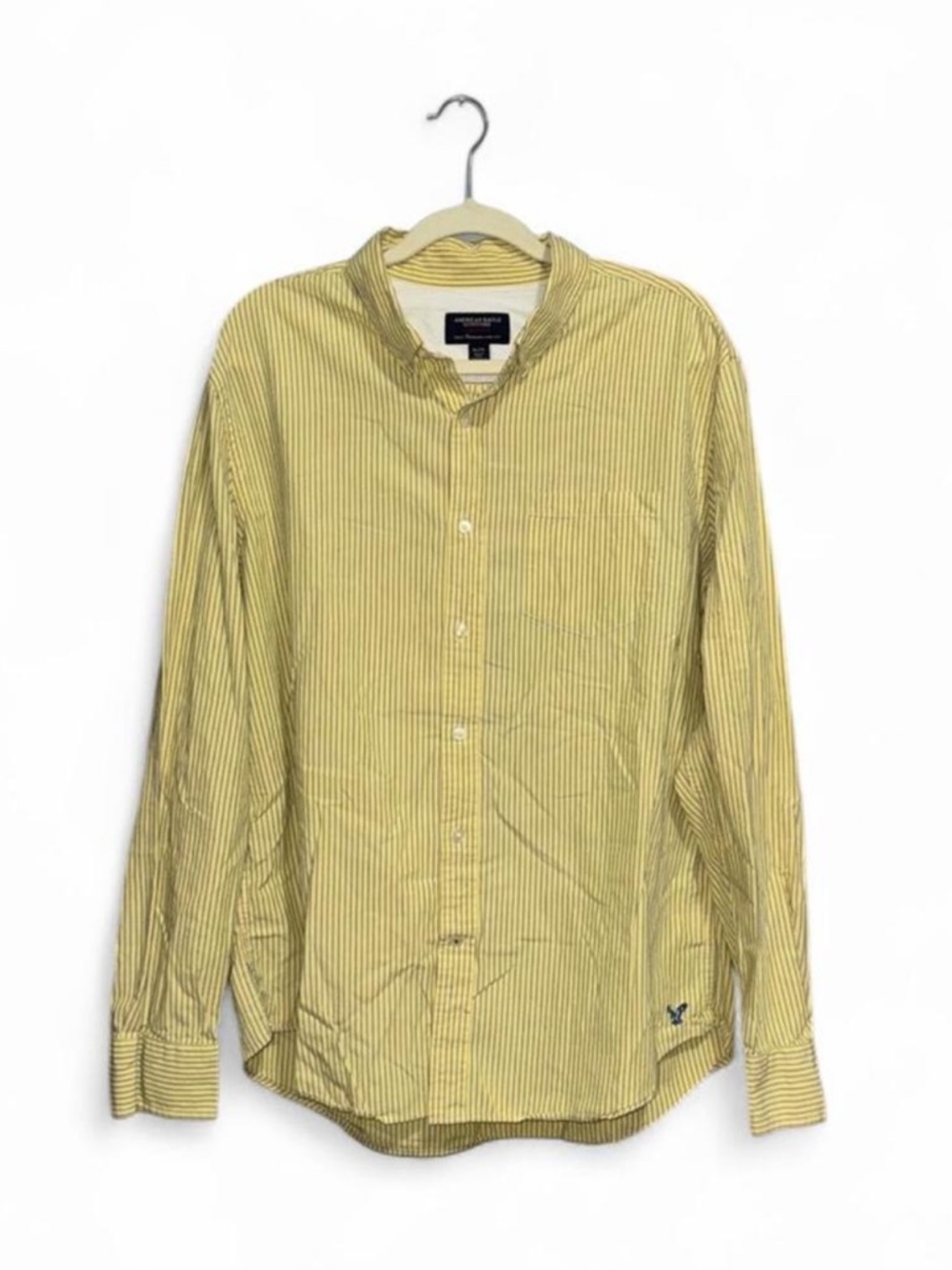 American Eagle Athletic Fit Yellow and Blue Striped Button Down Shirt Size XL